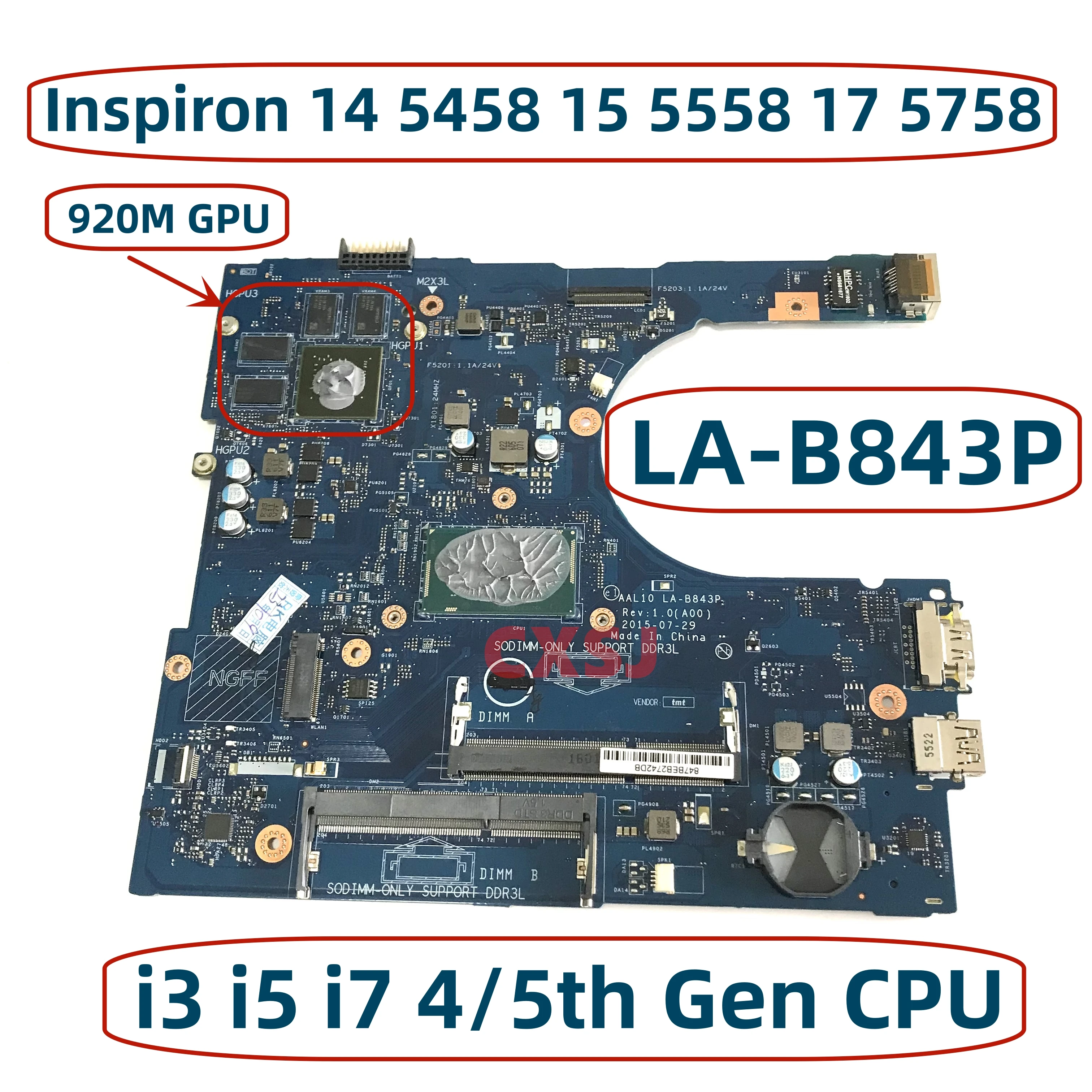 AAL10 LA-B843P For Dell Inspiron 14 5458 15 5558 17 5758 Laptop Motherboard CN-0149M4 CN-0V2X3C With i3 i5 i7 CPU 920M GPU DDR3L