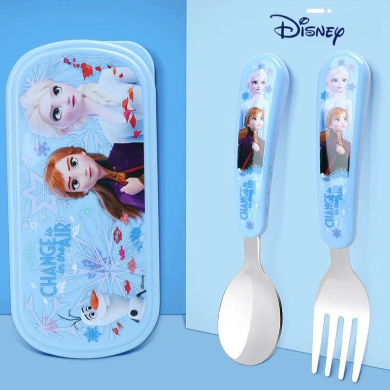 Disney Mickey 2 Piece Stainless Steel Cutlery Set Cute Kawaii Minnie Kids Fruit Fork Cartoon Print Lightning McQueen Spoon Set