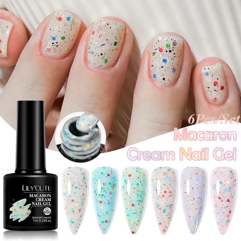 LILYCUTE 6 قطعة/المجموعة 7 مللي معكرون كريم هلام طلاء الأظافر لربيع وصيف الأظافر بريق الترتر مانيكير مسمار الفن هلام الورنيش