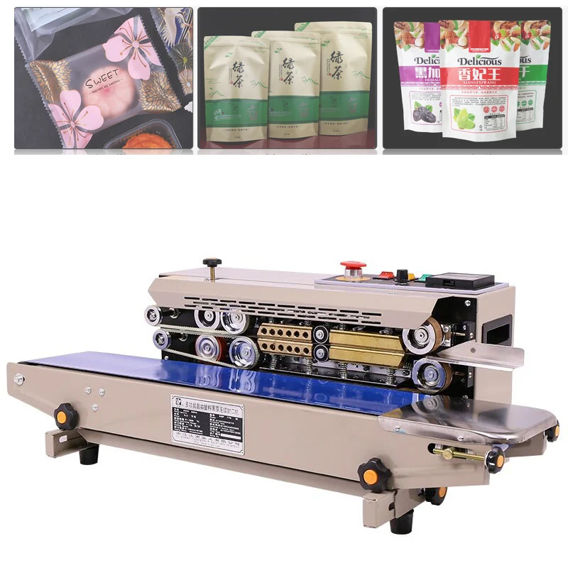 Continuous Horizontal Band Sealer Plastic Bag Soild Ink Snack Food Coffee Film Pouch Tea Plastic Bag Sealing Machine