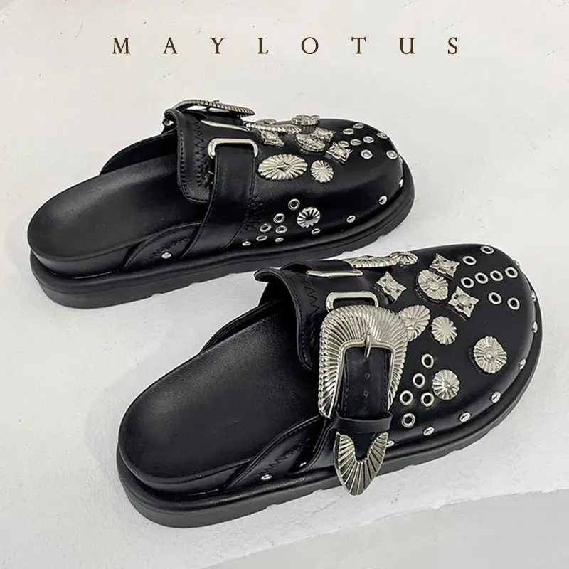 

2025 Women Slippers Platform Rivets Punk Rock Leather Mules Creative Metal Fittings Casual Party Shoes Female Outdoor Slides