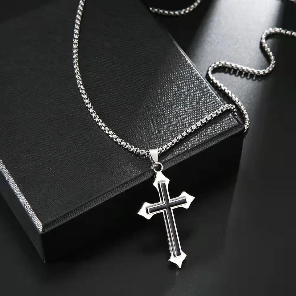 Vintage Gothic Hollow Cross Pendant Necklace Silver Color Cool Street Style For Men Women Gift Wholesale Neck Jewelry