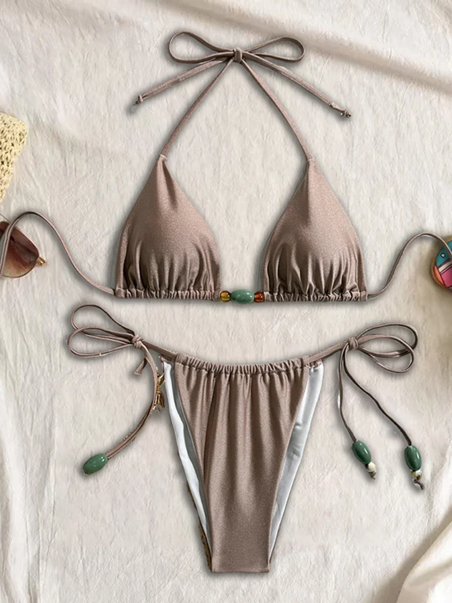 Mikro-Bikini, sexy Damen-Badeanzüge, Bademode, 2025, Push-Up-Bikini-Set, String-Badeanzug, Neckholder, Strandmode, brasilianischer Biquini