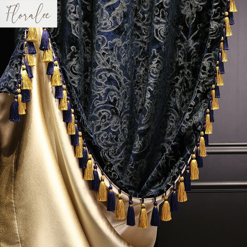 

French luxury blue velvet curtains for living room cloth gold luxury curtains American high-end villa European custom size