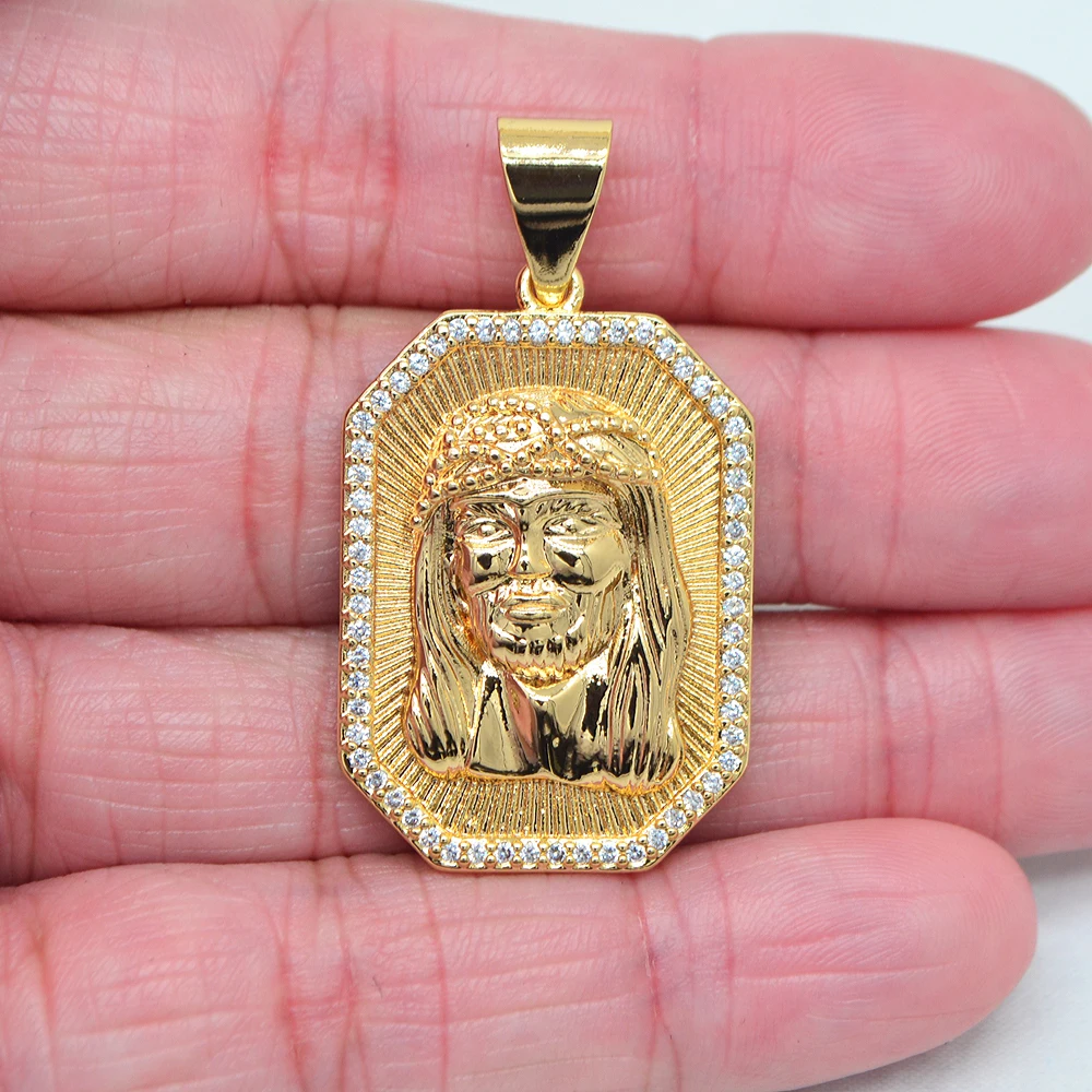 High Quality Gold Color Clear Cubic Zirconia Jesus Christ Face Head Photo Frame Pendant Jewelry