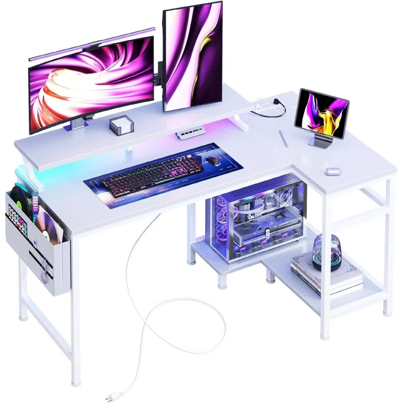 

Gaming Desk, Computer Desk, Reversible L Shaped with Storage Shelves & Monitor Stand Office Gaming Room White 40IN