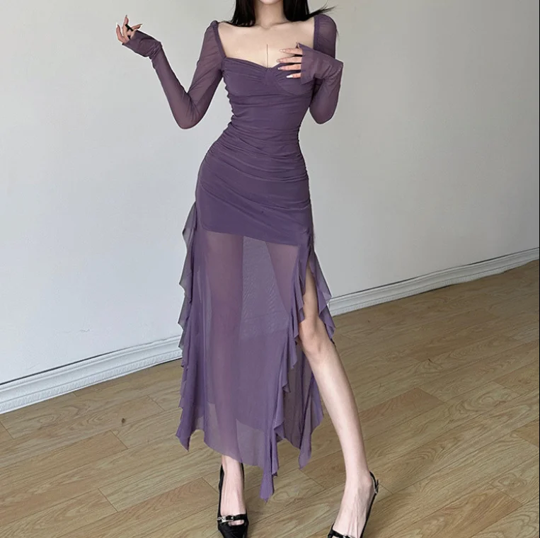 

French Sexy Mature Style Women's Dress 2025 Summer Square Neck Long Sleeved Bodycon Dress Ruffled Mesh Slit Urban Midi Dress