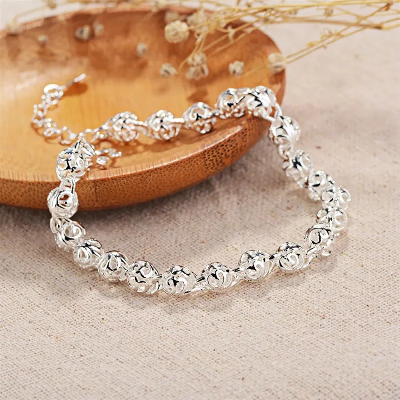 Fine Pretty Lovely Hollow Ball Chain 925 Sterling Silver Bracelet For Women Fashion Wedding Party Couple Gifts Jewelry