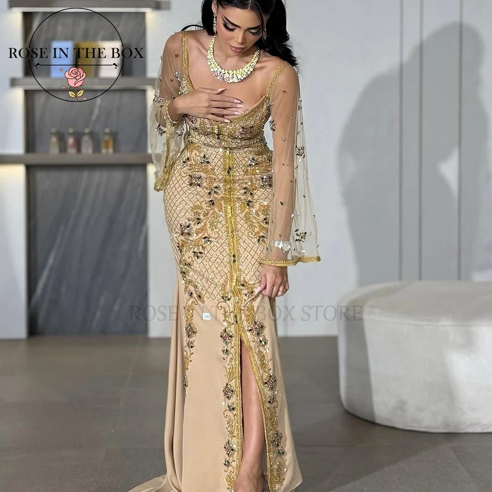 ROSEINTHEBOX Abiti da sera a sirena opulosi personalizzati ricamati in oro Maniche a campana Abito da festa formale di lusso in cristallo