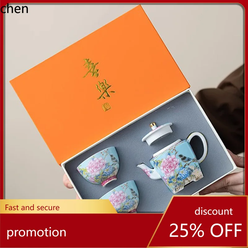 

H1 enamel color birds and flowers one pot two cups kung fu tea set ceramic gift square teapot tea cup gift box suit