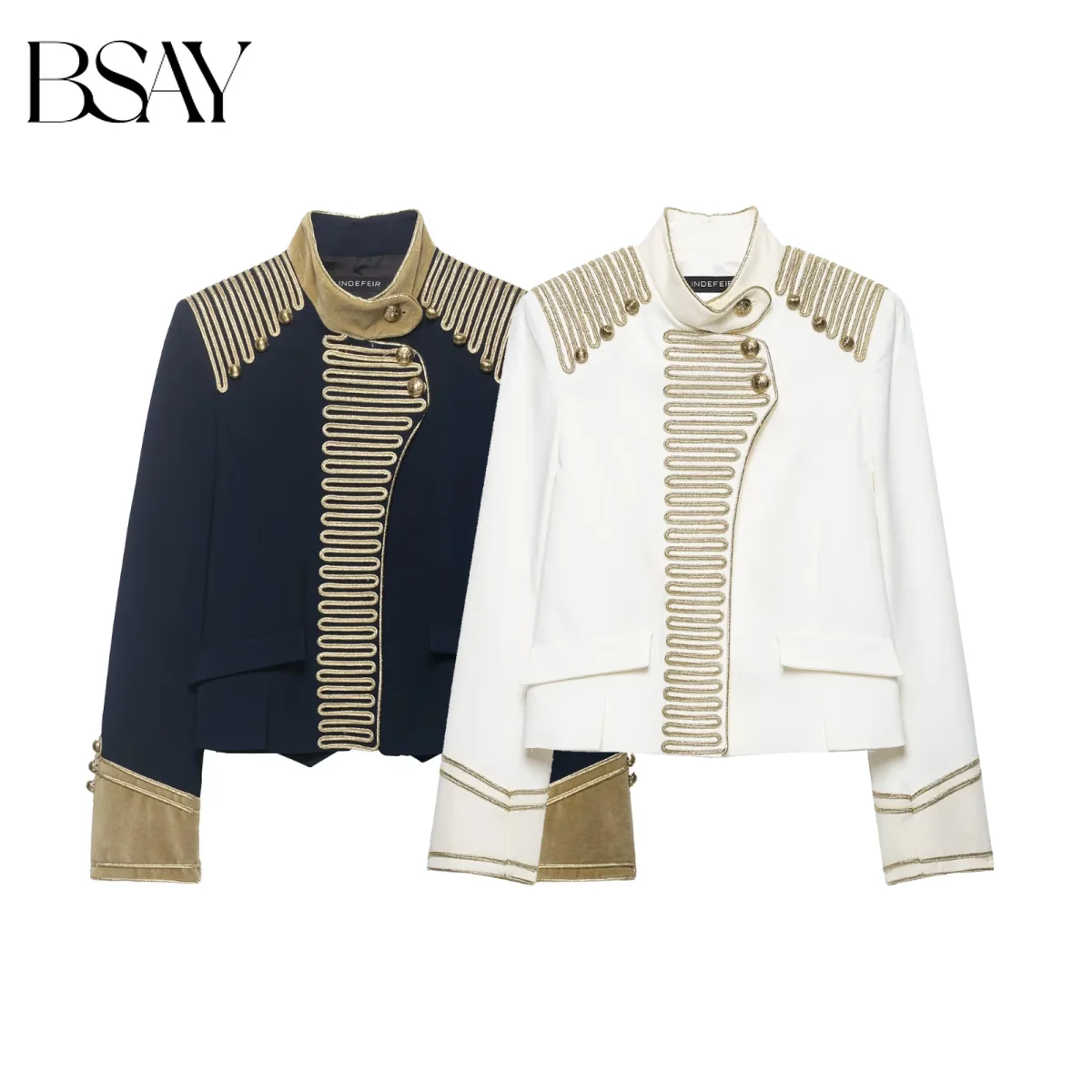 BSAY New Women Vintage Napoleon Cropped Jacket Gold Chain Embroidery Stand Collar Contrast Cuff Button Decor Slim Fit Outer Coat