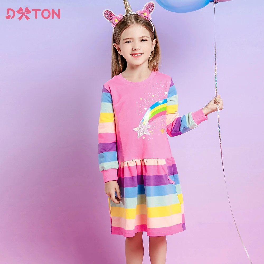 DXTON Girls Rainbow Striped Dresses Kids Long Sleeve Autumn Fall Spring Star Dress Kids 100% Cotton Casual Daily Dress 3-12 Yrs