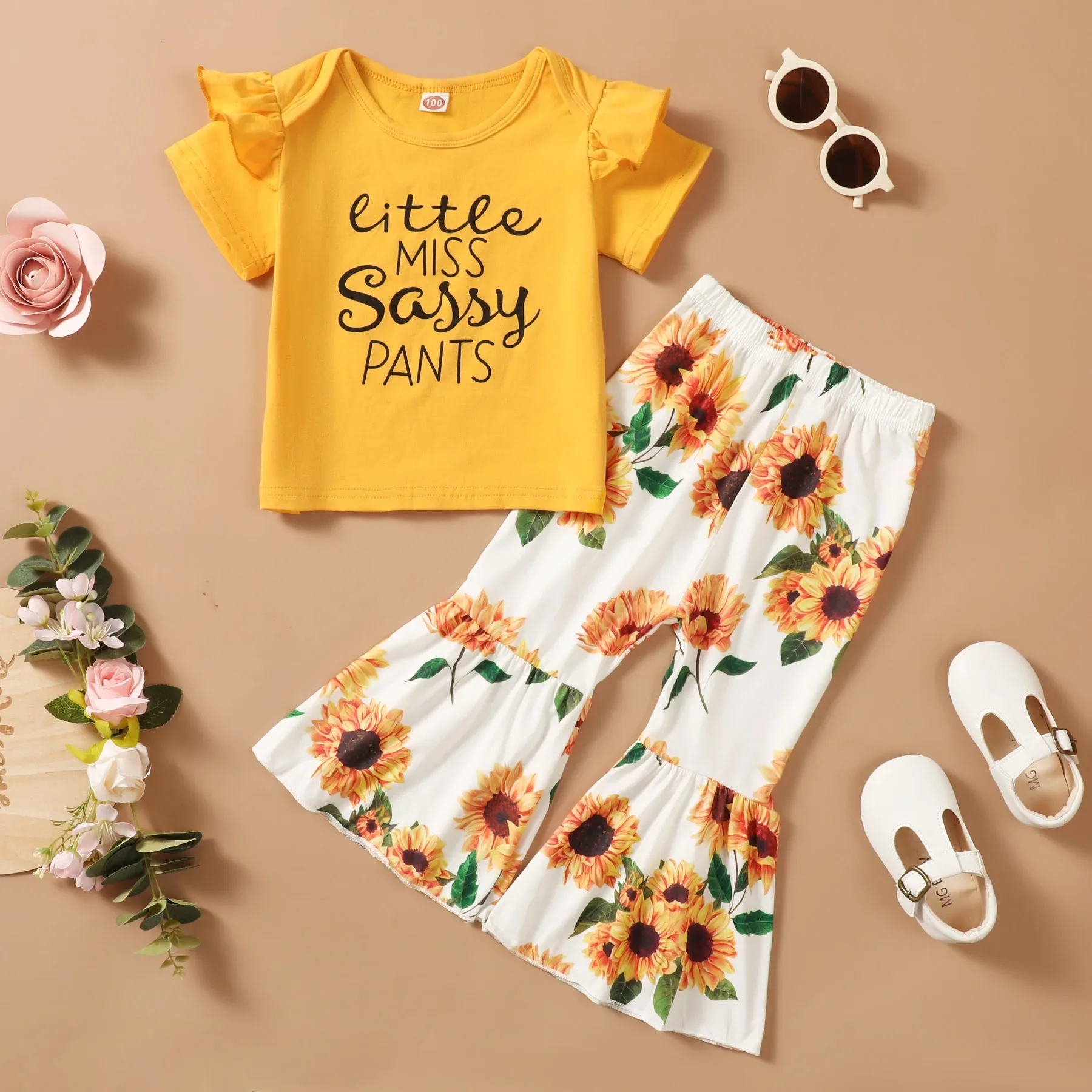 2PCS Fashion Clothes Set Toddler Girl Short Sleeve Top+Sunflower Flare Pants Summer Clothing Outfits for Kids Girl 1-5Years