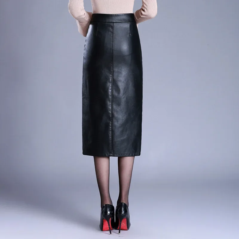 Women PU Leather Pencil Skirt Black Autumn Winter Sheath Package Hip Skirt High Waist Sexy Split Bodycon Skirt Saia