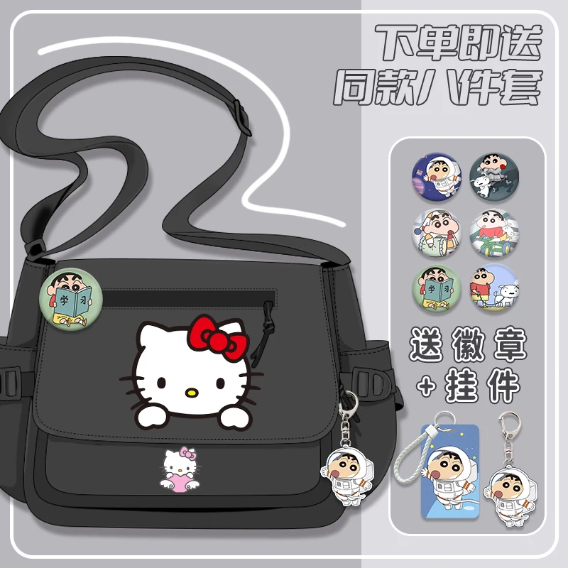 Anime Hello Kitty Cat Badges Shoulder Bag Handbag Black White Messenger Cartoon Front Zipper Crossbody