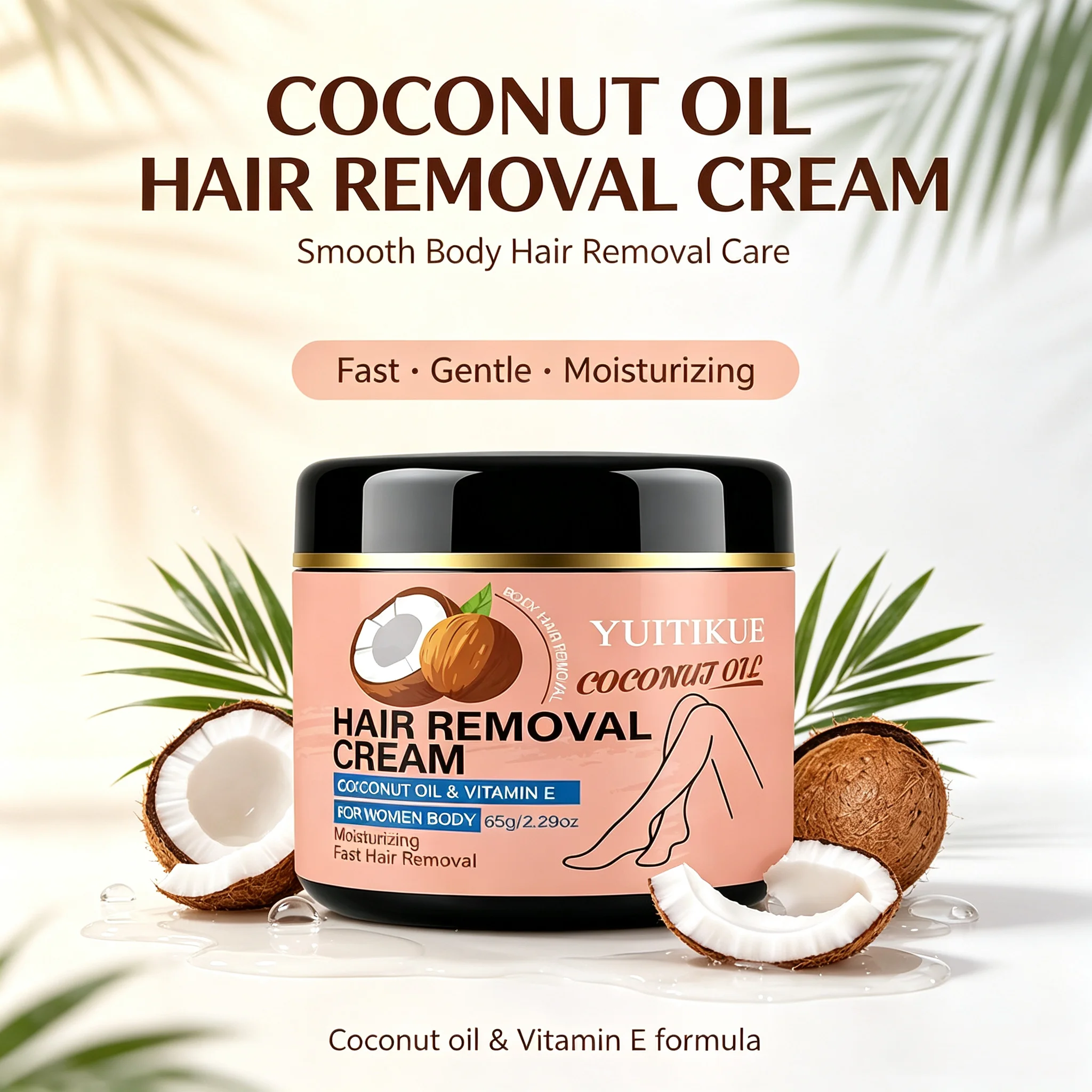 YUITIKUE 65g Coconut Oil Hair Removal Cream - Gentle & Moisturizing Depilatory for Women