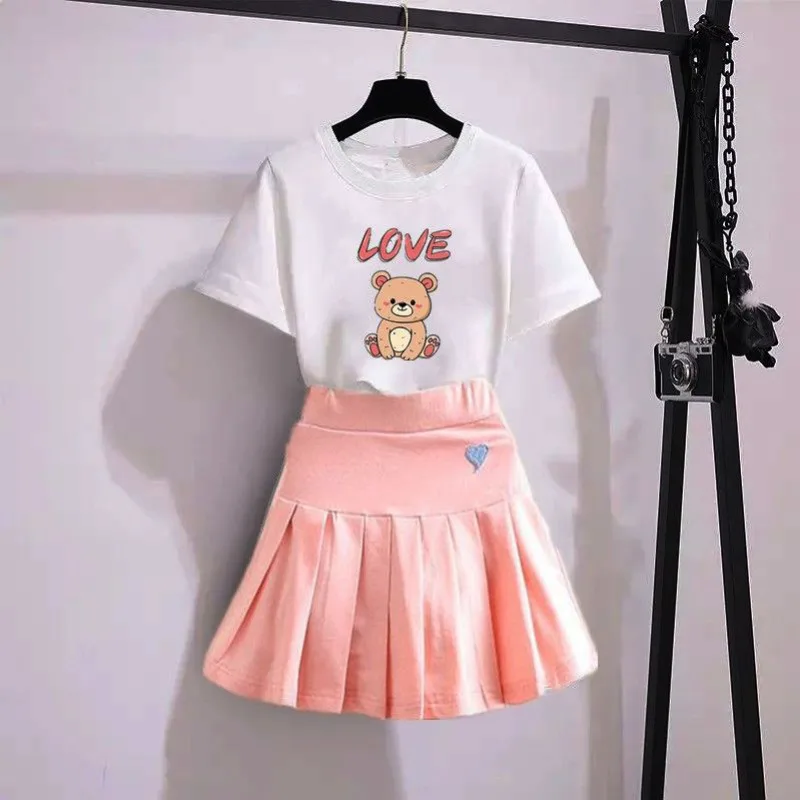 

girl summer outfit 2024 Clothes Kids Cartoon Short Sleeve T-shirt + Skirt 2pcs Sets Children Sportswear Outfits