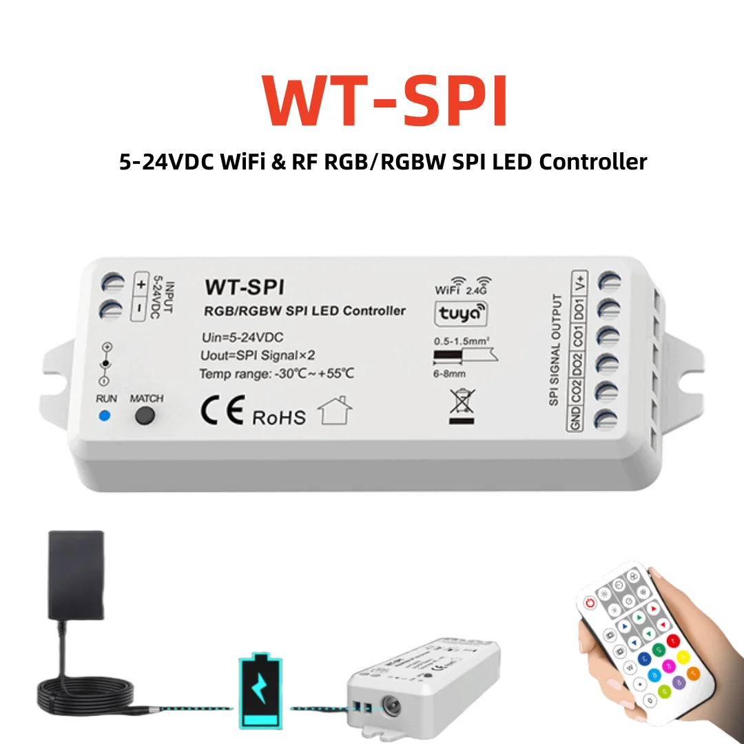 

New WT-SPI 2.4G RF RGB/RGBW LED Strip Controller SPI Tuya Wifi APP Voice Controller for Ws2811 Ws2812 Ks6812 Pixel Strip DC5-24V