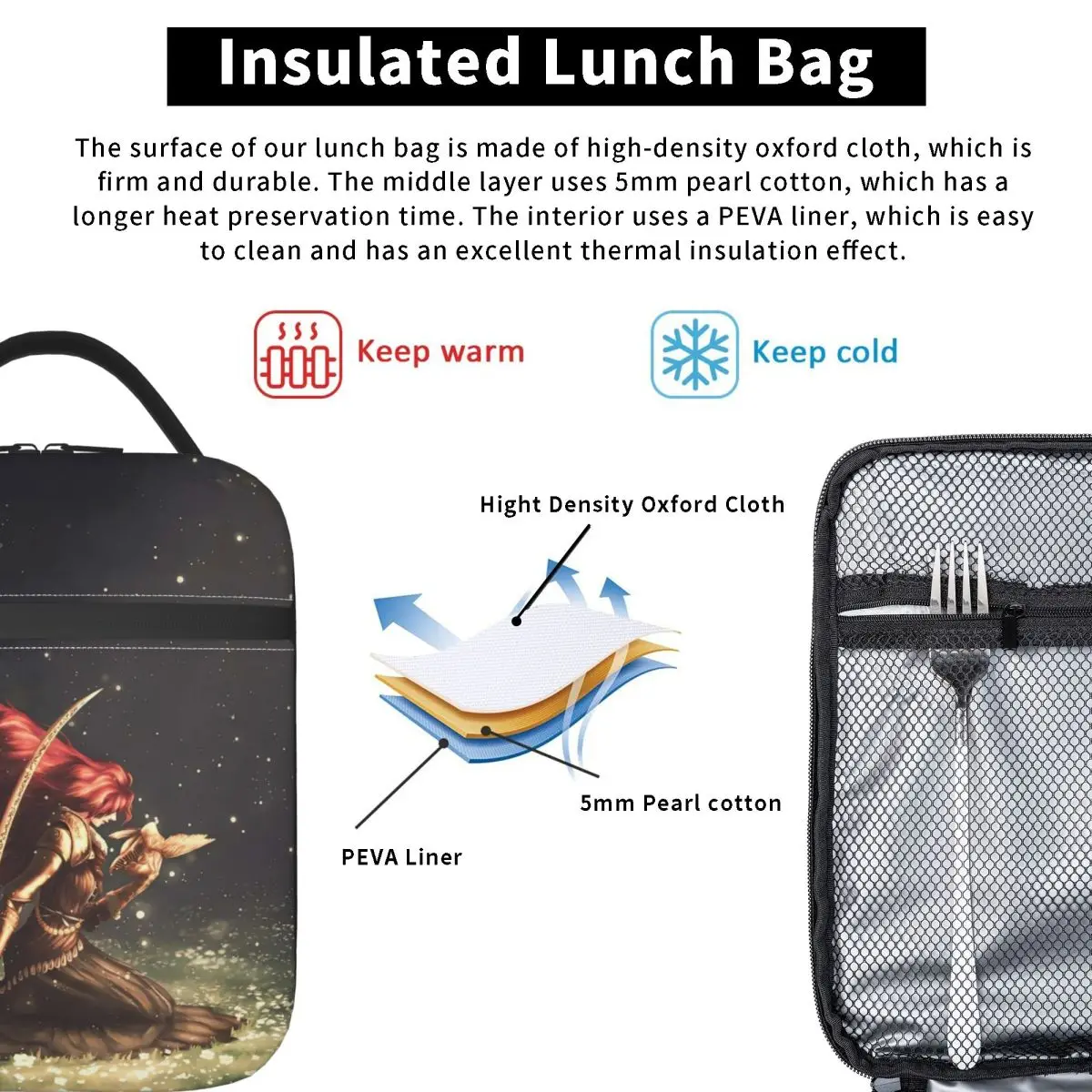 Malenia Blade Of Miquella حقيبة الغداء المحمولة صندوق الغداء الفتيات السفر طباعة حقيبة للحفاظ على البرودة لطيف مقاوم للماء أكياس الغداء الحرارية