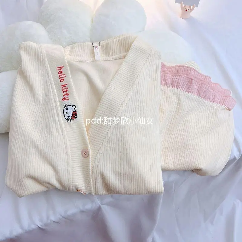 Sanrio Hello Kitty Japanse Kat Nachtkleding Dames Lente Herfst Nieuwe Lange Mouw Broek Internet Rode Ruche Woninginrichting Set