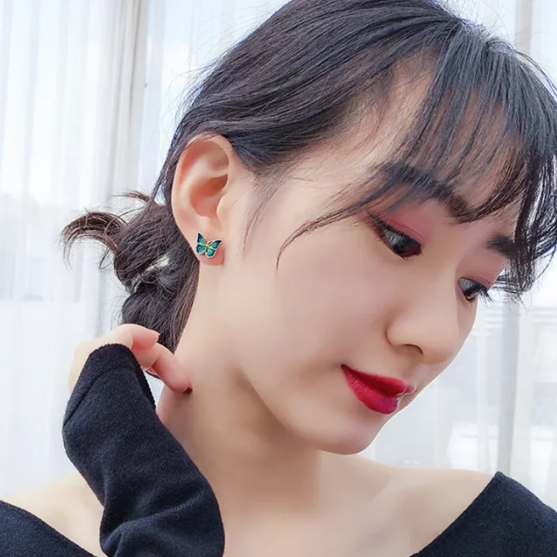 

Green Butterfly Earrings S925 Sterling Silver Women Stud Mini Exquisite Jewelry 2025 Summer Trend Korean Fashion Accessories