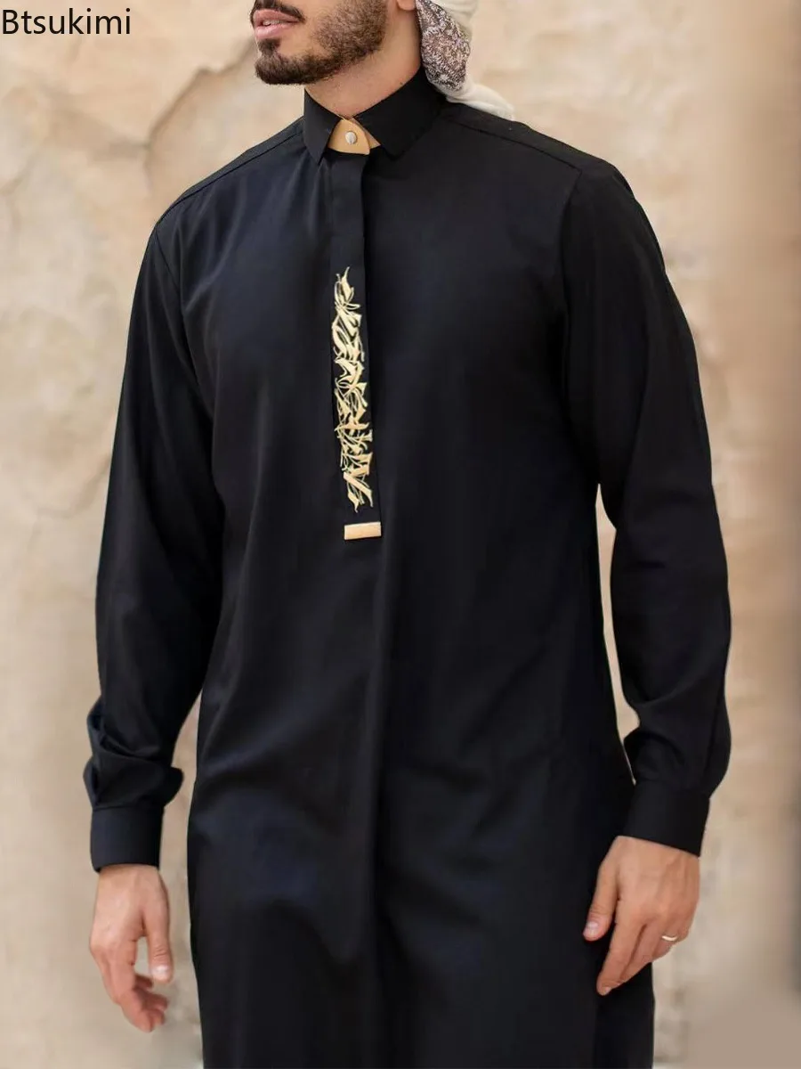 Mid East Islamic Clothes Men's Muslim Fashion Abaya Long Sleeve Embroidered Stand Collar Robe Ethnic Style Loose Men Jubba Thobe