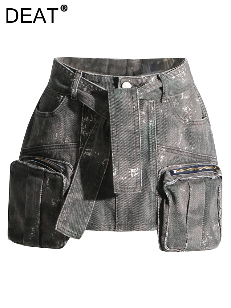 

DEAT Women Denim Skirt Camouflage Slim Spliced Multiple Pockets Zippers Lace Up Belt Mini Skirts 2024 Summer New Fashion 29L244