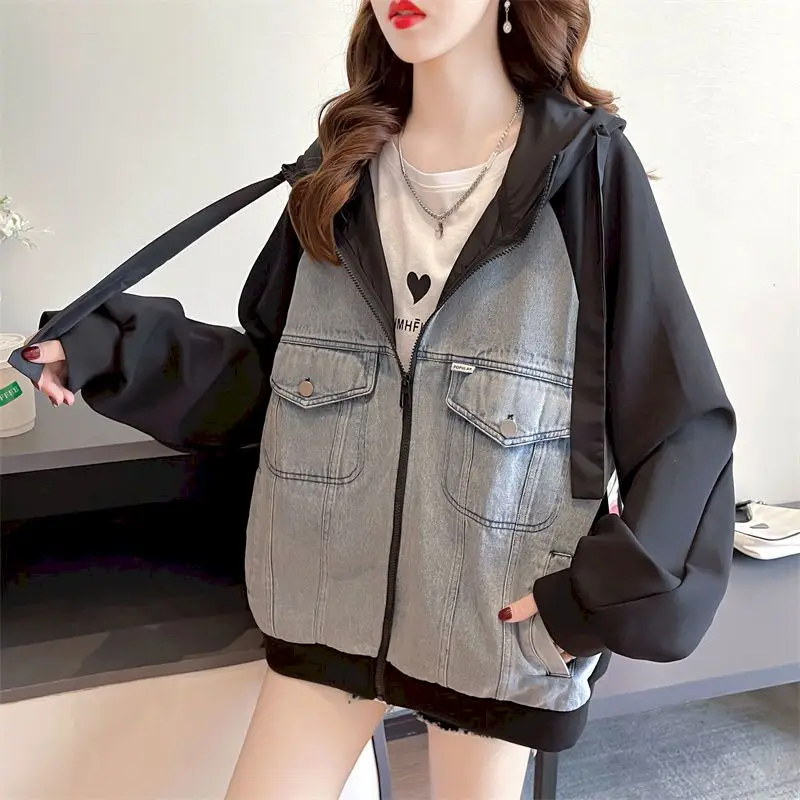 Fried Street Hoodies Women Fashion Design Sense Denim Stitching Hooded Jacket Spring Autumn Trend Cardigan Coat Korean Loose Top