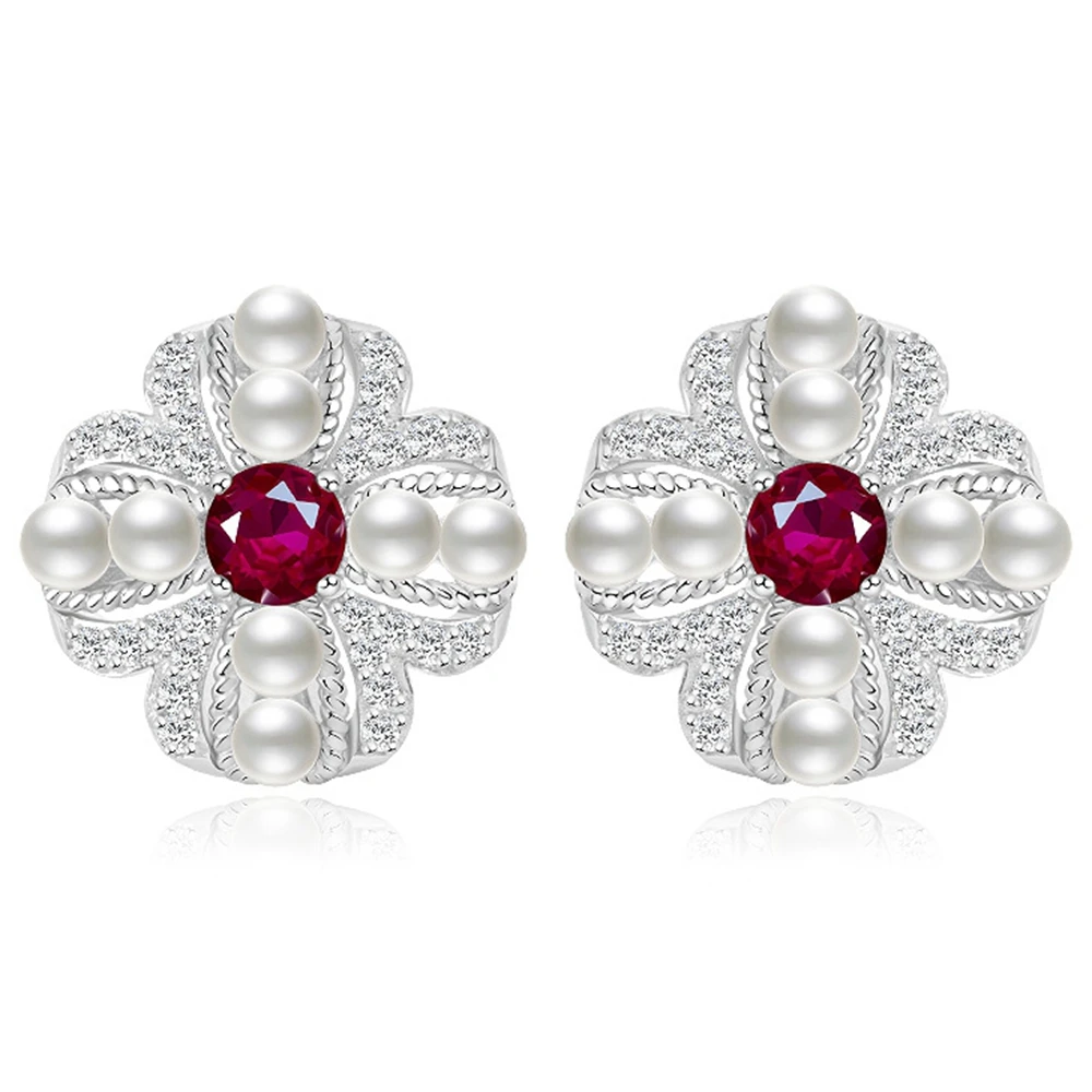 Wong Rain Vintage Elegant 925 Sterling Silver 4*4 MM Round Cut Sapphire Ruby Pearl Gemstone Flower Ear Studs Earrings Jewelry