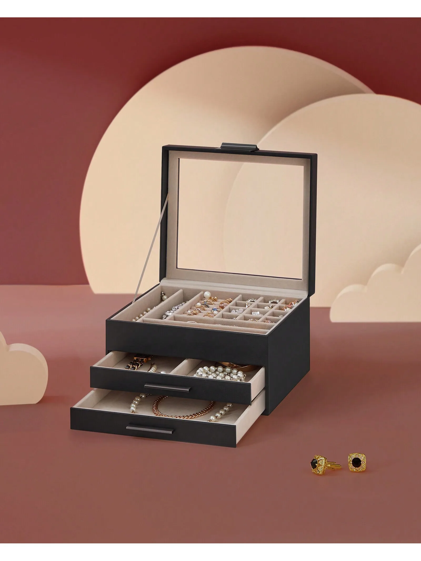 SONGMICS portagioie con coperchio in vetro, organizer a 3 strati, 2 cassetti, ampio spazio di