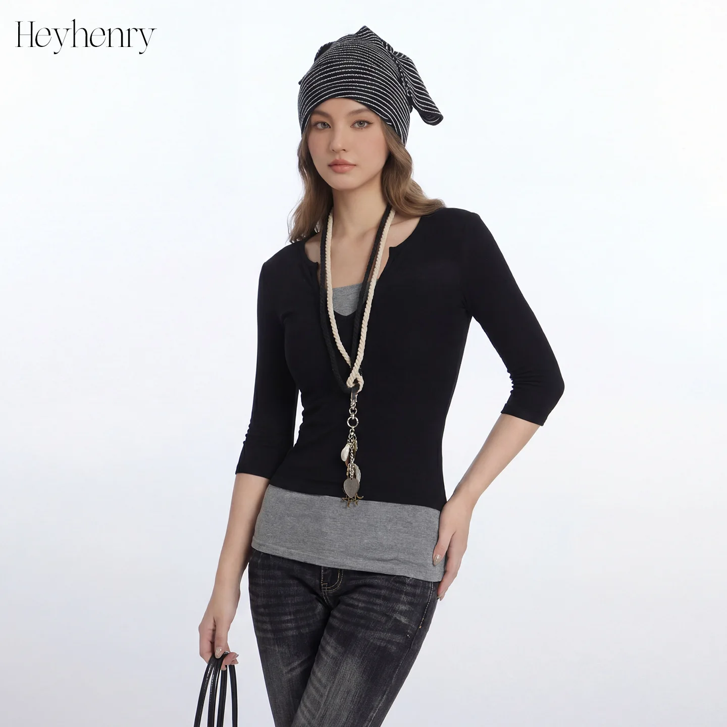 High Quality Hot Selling Wholesale Autumn Fake Two V-neck Seven Quarter Sleeved T-shirt Slim Fit Retro Half Sleeved Top Women