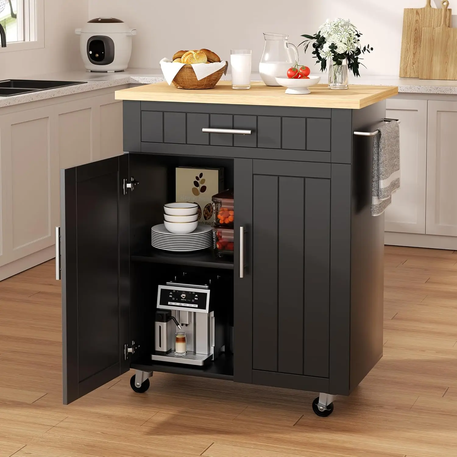 

Kitchen Island Cart with Storage, Portable Bar Cabinet on Wheels, Rolling Microwave Cart with Work Surface