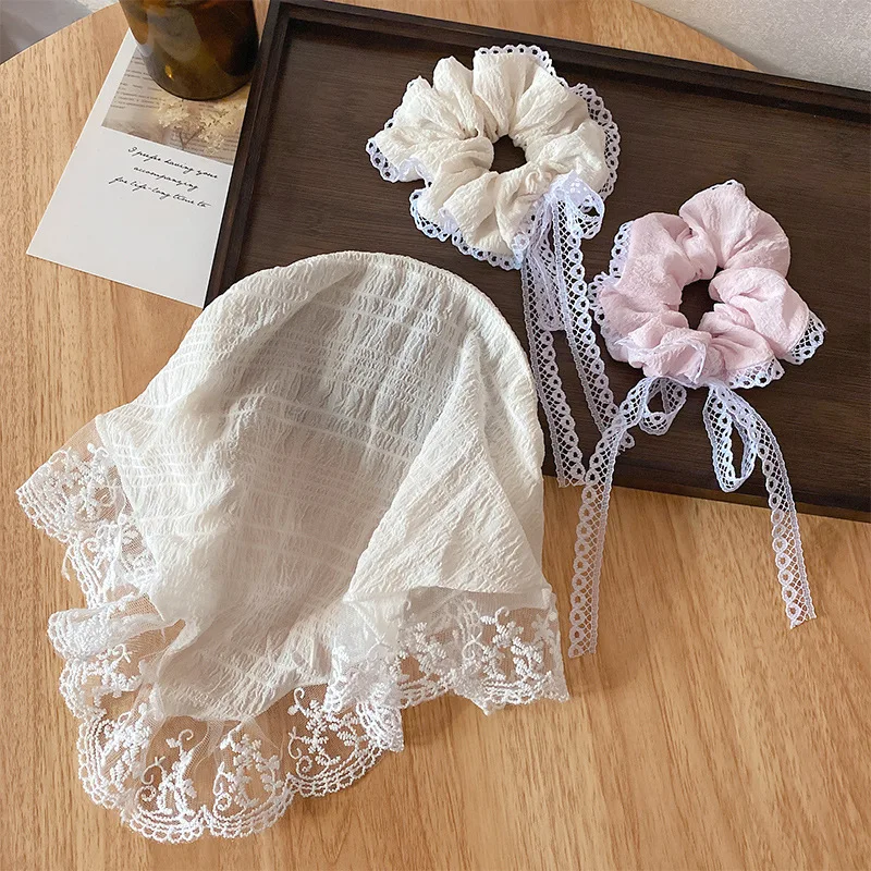 

French Lace Triangle Scarf for Women Retro Bowknot Hair Ties with Long Ribbons Decorative Headscarf Headband Hair Accessories