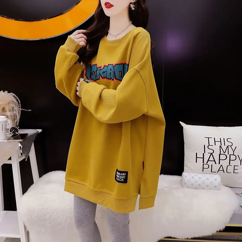 Fashion Printed Letter Slit All-match Sweatshirts Female Clothing 2024 Autumn Winter Loose Casual Warm Tops Korean Sweatshirts