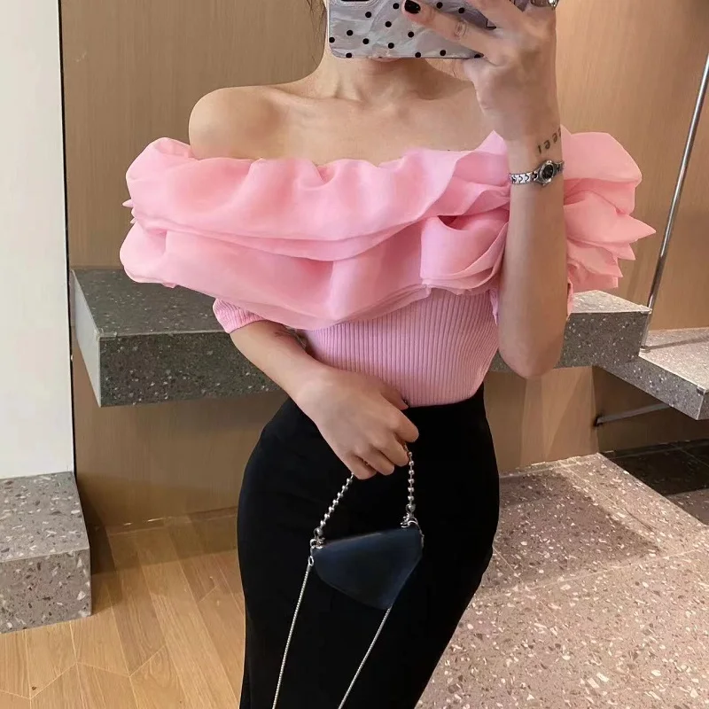 2024 New Summer Winter Short Knitted T-Shirt Sexy Off Collar Ruffles Three-dimensional Flower Women Crop Top Short Sleeve Tees