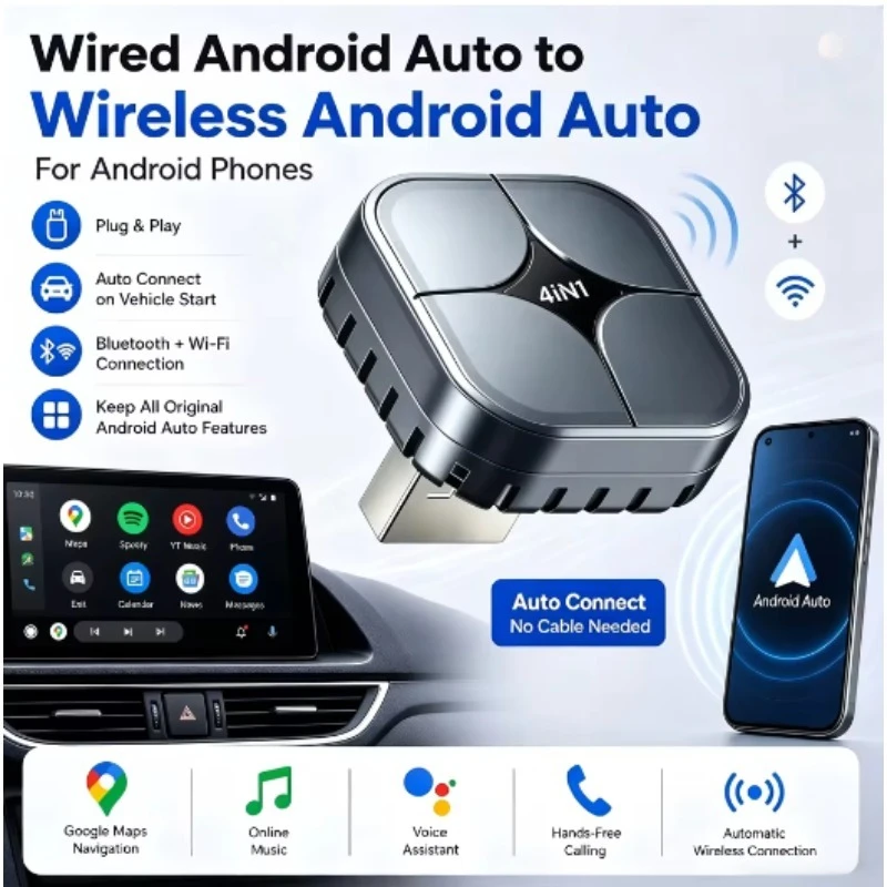 Adaptateur sans fil CarPlay 4-en-1 pour Android Auto, Mirror Link, compatible iOS 18+, CarPlay Airplay, fonction de mise en miroir d'écran, Plug & Play