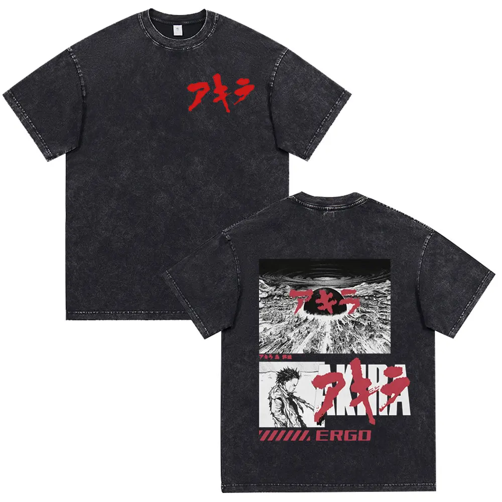 Akira Anime T-Shirt Herren Vintage Washed Black Oversized Streetwear Baumwolle Kurzarm Grafik-T-Shirts Unisex Oberteile