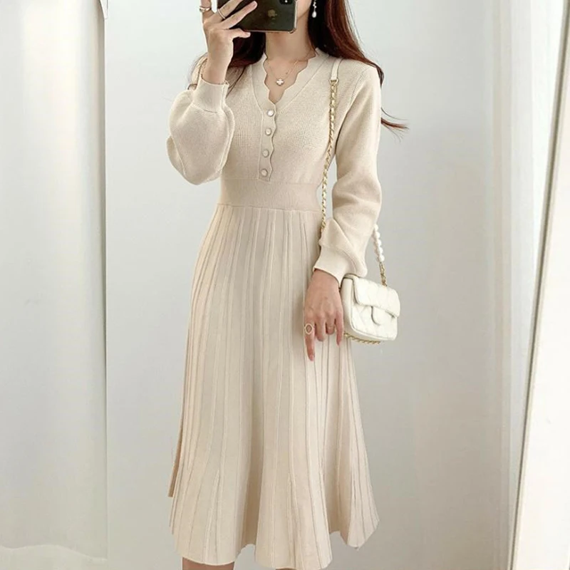 

Elegant New 2022 Winter Thick Vintage Dresses Korean Autumn Woman Sweater Dress Women Clothing Warm Solid Knitted Vestido Femme