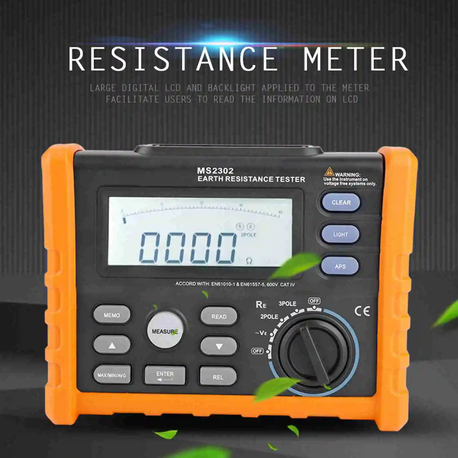 Resistance Tester PEAKMETER MS2302 Digital Earth Resistance Tester 0 ~4K Ohm 100 Groups Data Logging Earth Resistance Tester