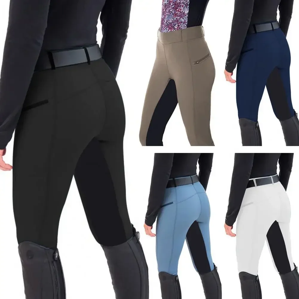 Women Horse Riding Pants Color Matching High Waist Elastic Waistband Equestrian Bottoms Slim Fit Elastic Zipper Pockets Trousers