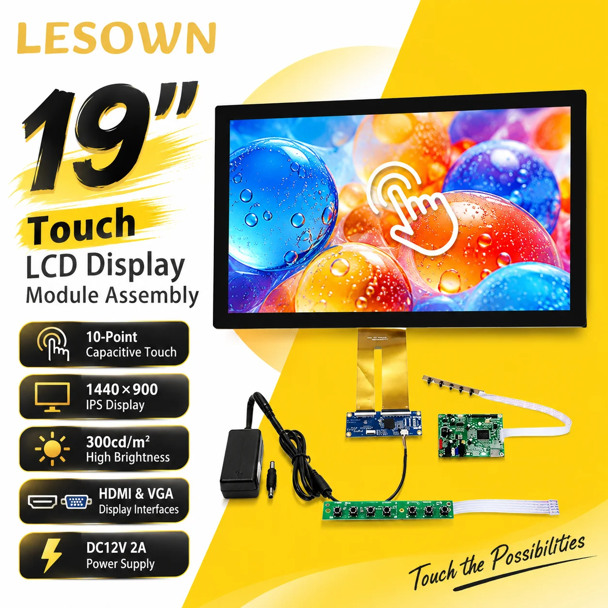 LESOWN 19 Inch Large Touch Display 1440x900 LCD Monitor Interactive Panel POS Kiosk Machine Control Screen HDTV VGA