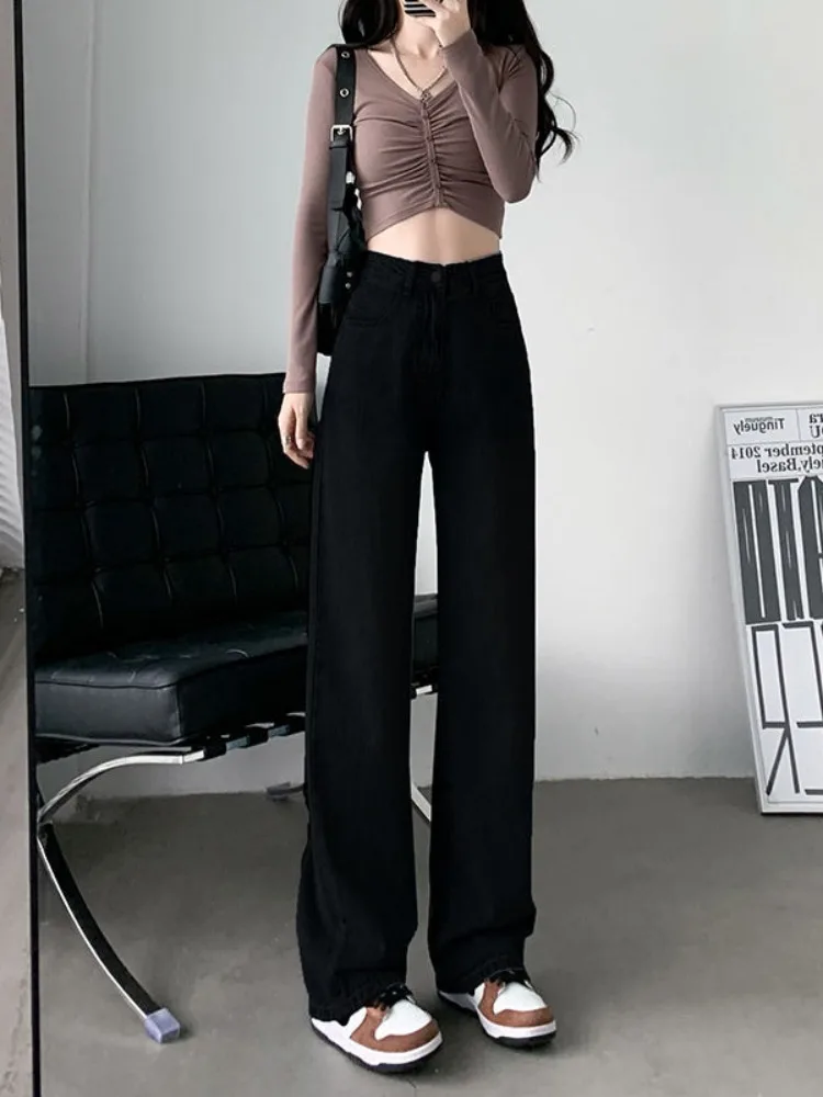 

Джинсы с высокой талией и прямыми штанинами для женщин больших размеров, свободного кроя, летние, повседневные, широкие брюки с эффектом похудения, из денима с эффектом потертости.