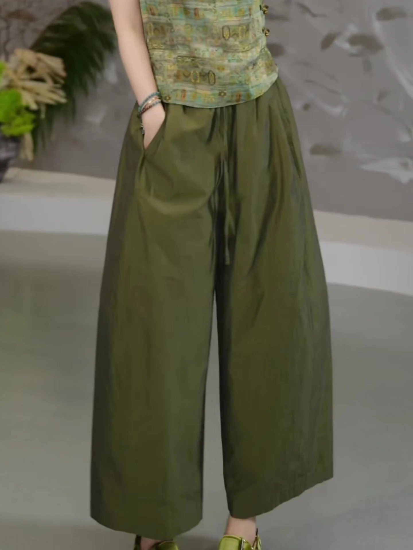 Green Wide Leg Pants Women's Summer Thin New Loose BF Lazy Style Slimming Nine Point Pants High Waist Casual Trousers