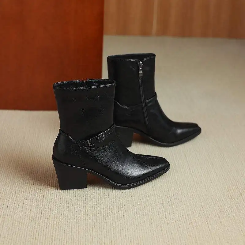Krazing Pot Cow Skin Pointed Toe Square High Heel Zip Boots Warm Winter Shoes Office Lady Modern Fashion Big Size 42 Ankle Boots