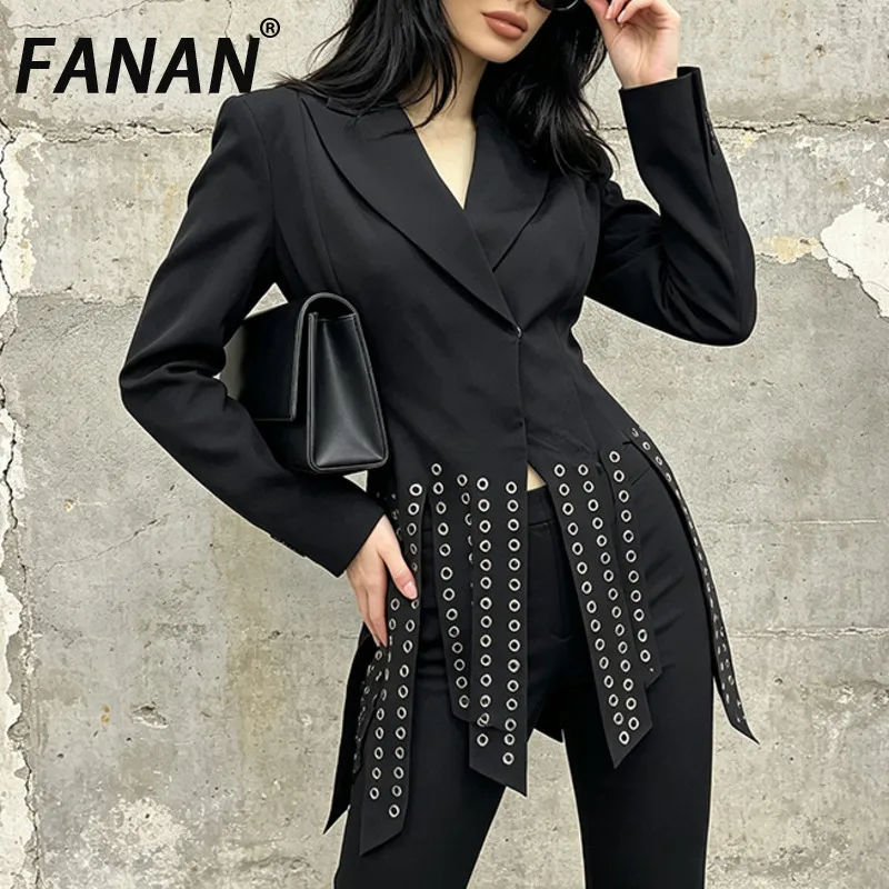 FANAN Punk Style Women Blazer Metal Eyelet Decor Irregular Hem Slim Fit Long Sleeve Party Club Streetwear Ladies Suit Jacket