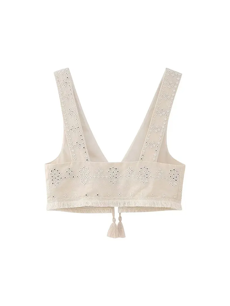 Y2K Embroidery Women Waistcoats Summer Lightweight V Neck Sleeveless Tassels Hem Slim Vest Female Crop Top