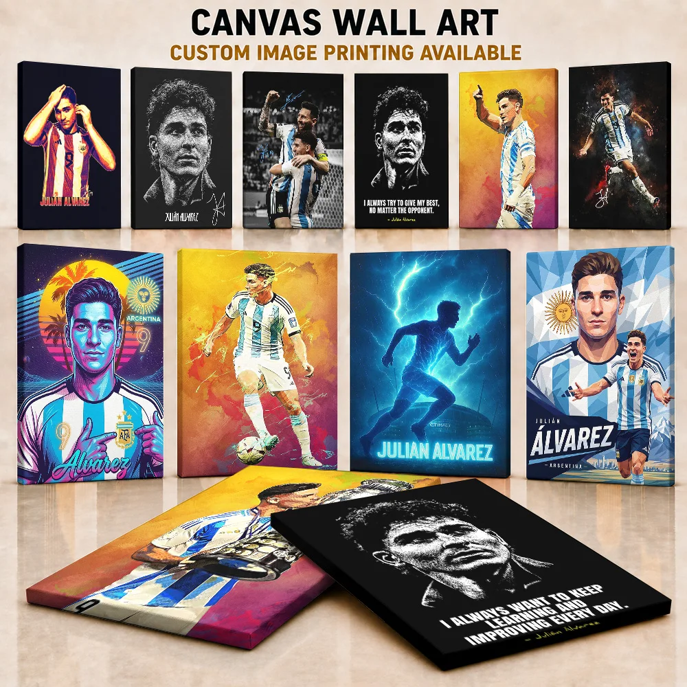 Julian Alvarez Argentine Football Player Framed Canvas Print Posters Personalized Photo Wall Art For Sports Room Birthday Gift