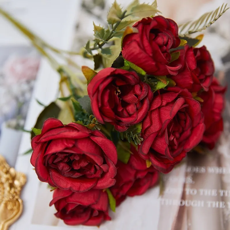 Vintage 8-Köpfige Künstliche Pfingstrosen & Grüne Rosen für Hochzeit, Schreibtisch, Raumdekoration, Party, DIY-Sträuße, Kunstblumen-Arrangements – Detail 9
