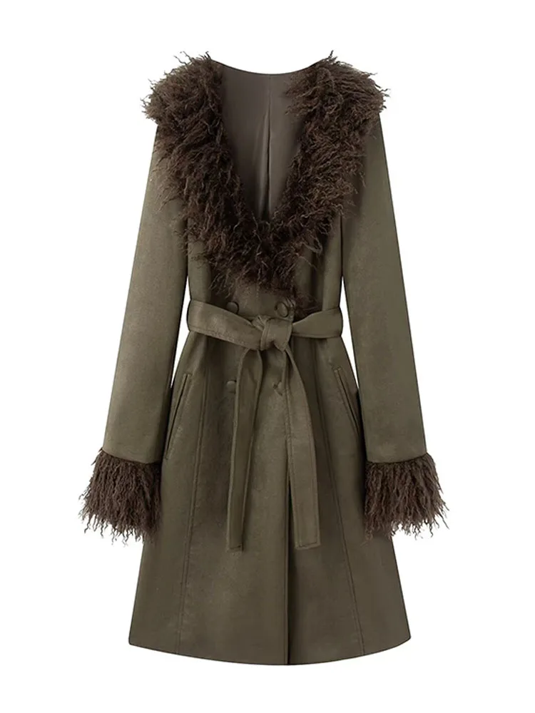 

HH Women Fashion Short Windbreaker Double Breasted Pockets Belt Decoration Loose Coat Female Long Sleeves Faux Fur Effect Jacket