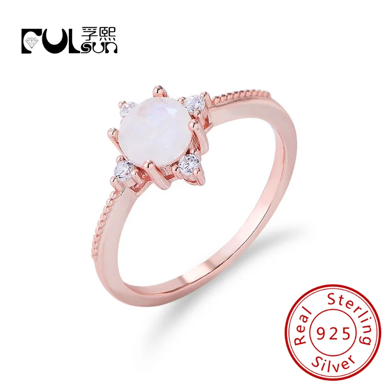 

Fulsun high quality natural stone Moonstone jewelry S925 Sterling silver Rose gold plated CZ Zircon Gemstone Rings for women